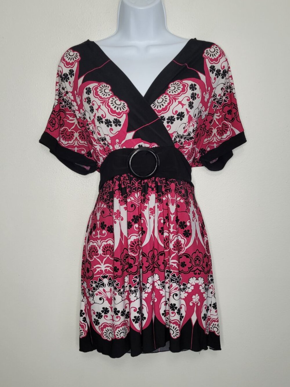Y2k Gitano pink black abstract flower print tie back going out long top size L
